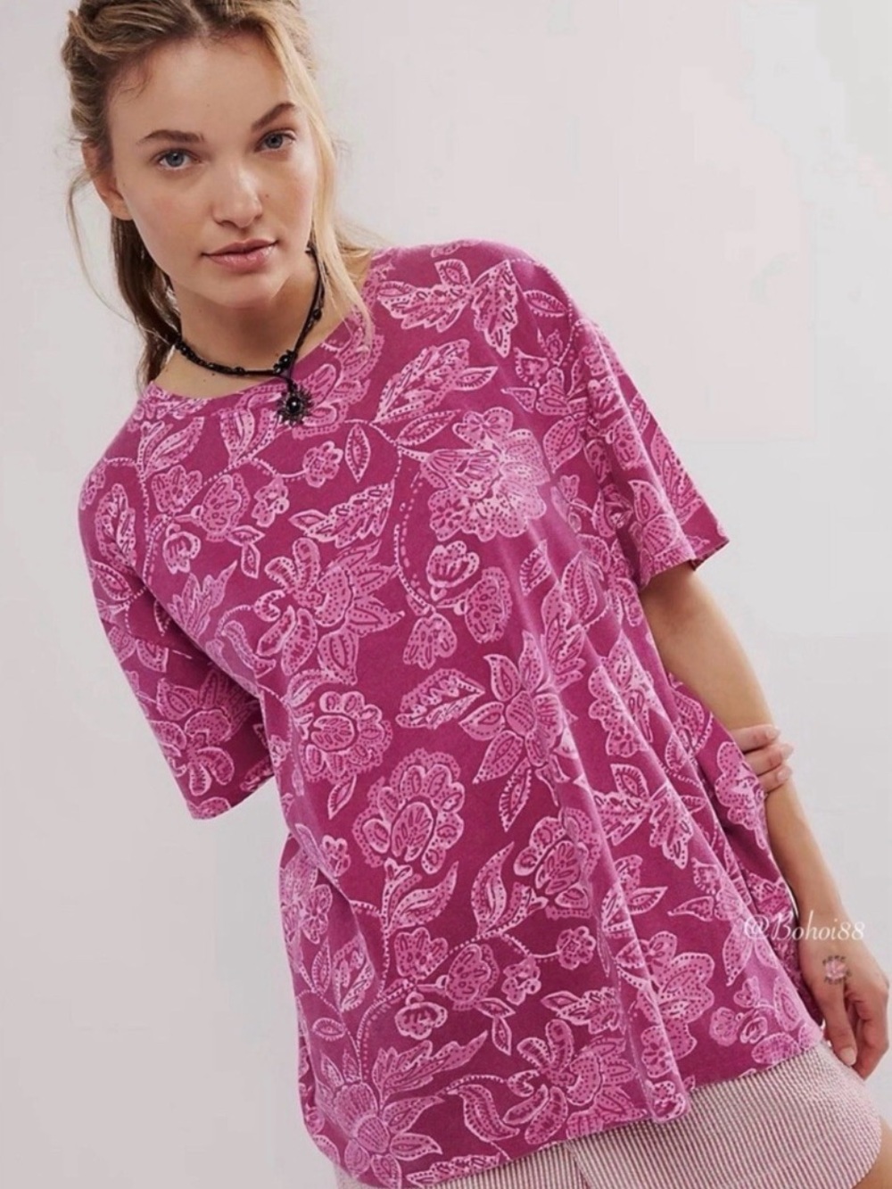 Free People We The Free Nina Pink Floral Tee XS Oversized Cotton